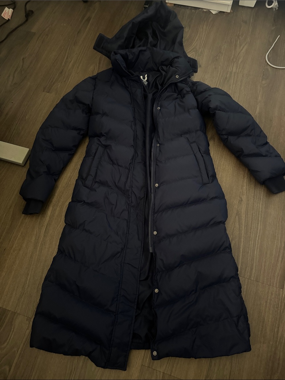 Long Women's Navy Hooded down Puffer Coat
